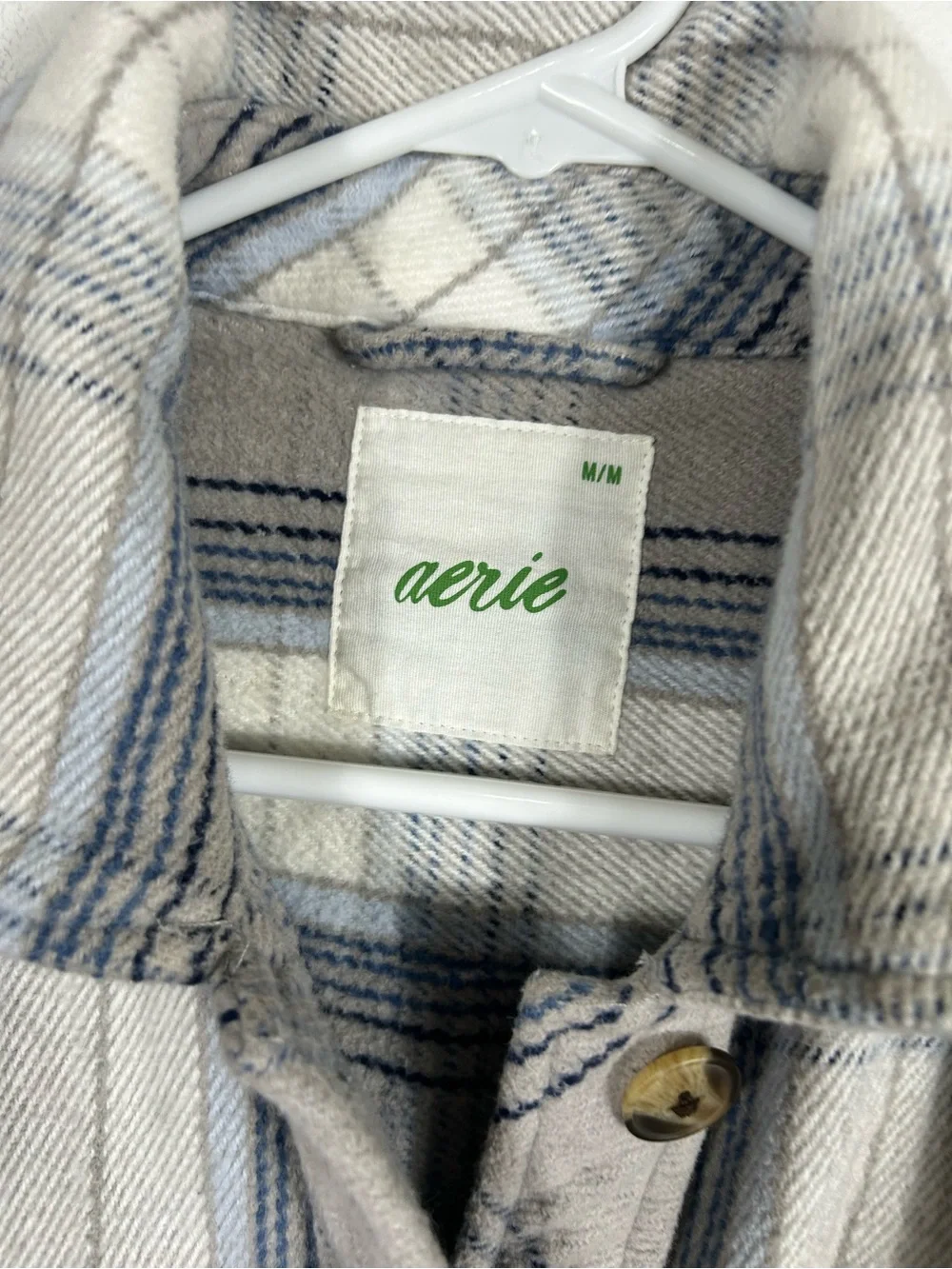 Aerie Oversized Plaid Cotton Flannel Long Shacket Chilly Blue Grey Button Up M
